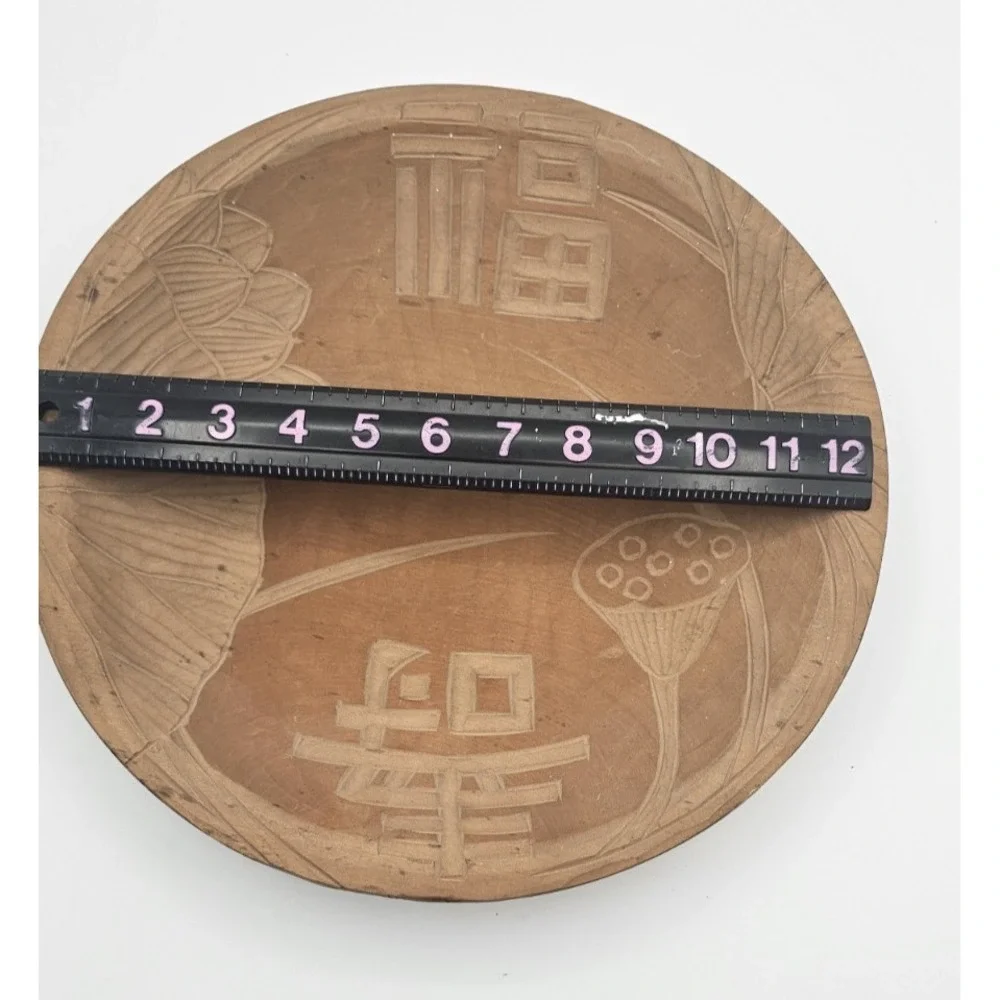 Vintage Chinese Carved Wood Dish 福寿 Fu Shou Longevity Lotus 12